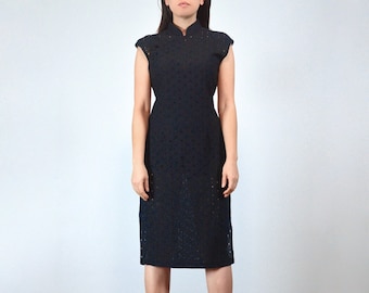 70s Black Cutout Cheongsam Dress, S to M