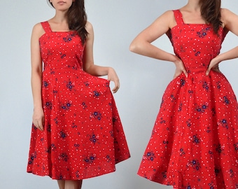 Floral Dress with Circle Skirt, XS S | Red Sundress with Pockets, Extra Small to Small