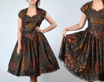 Vintage Floral Lace Fall Dress, Brown Copper Yellow, M to L