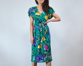 Vintage Green Floral Print Dress, Medium | Vintage 80s Sundress