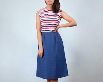 Red White & Blue Striped Dress, M to L  | 60s Vintage Sleeveless Sundress