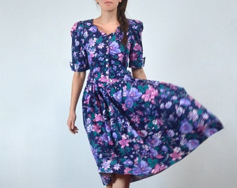 1980s Blue Floral Party Dress, XS to S | Vintage 80s Cotton Cottagecore Dress