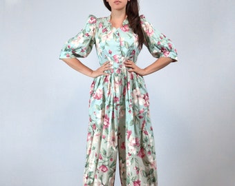 80s  Floral Jumpsuit, M to L | Vintage 1980s Cotton Puff Sleeve Playsuit with Pockets, Medium to Large