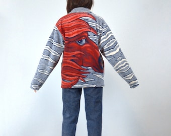 Vintage 90s fleece jacket, unisex novelty horse pattern zip up