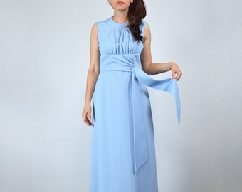 1970s Blue Maxi Dress, S to M | Vintage 70s Long Sleeveless Dress with Ties
