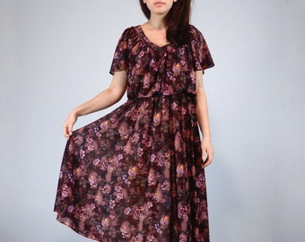 70s Floral Dress - Medium | Vintage Sheer Secretary Dress with Raglan Sleeves, M