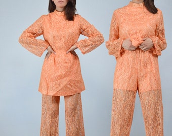 1960's Orange Lace Mini Dress Pant Set, XS to S | Vintage 60s Two Piece Long Sleeve See Through Ensemble