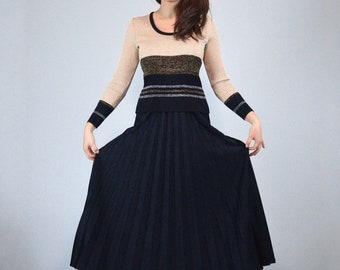 1970s Metallic Knit Midi Dress, XS to S | Gold Black Beige Retro Pleated Ribbed