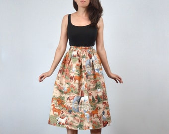 90s Horse Print Skirt, XXS | Beige Novelty Print Equestrian Skirt