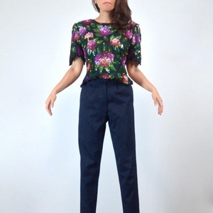 Vintage Sequin Silk Top, M | Short Sleeve Black Blouse with Pink & Purple Flowers