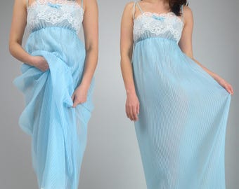 Vintage 70s Blue Nightgown, XS | Sheer Lace Nightie