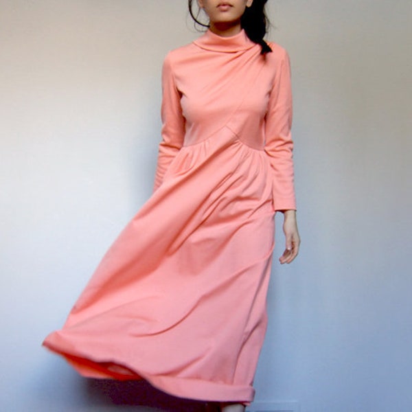 Vintage Long Sleeve Maxi Dress, 70s Simple Summer Floor Length Peach Dress - Small S