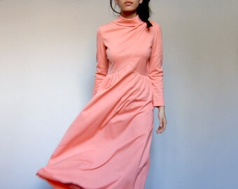 Vintage Long Sleeve Maxi Dress, 70s Simple Summer Floor Length Peach Dress - Small S