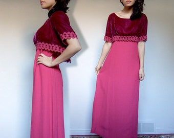 1960s 1970s Magenta Party Dress, Small to Medium | Long Velvet Lace Maxi