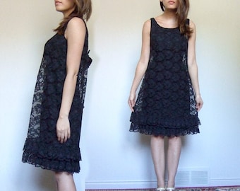 60s Lace Cocktail Dress, Vintage 1960s Black Ruffle - Medium M