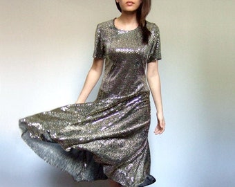 Gold Party Dress, Vintage Sequin Metallic Drop Waist Midi Dress - Medium M