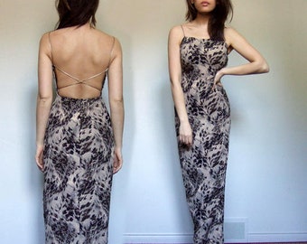 Animal Print Dress, 90s Clothing, Long Metallic Maxi, 1990s Cutout Back Bodycon - Extra Small XXS