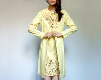 60s Yellow Dress Set, Vintage 2pc Coat Shift, 1960s Fredericks of Hollywood Two Piece - Small to Medium S M