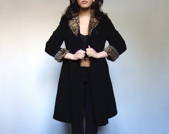 Leopard Print Coat Women, Flared Black Wool Winter Coat, 1980s Fit & Flare Dress Coat - Extra Small XS S