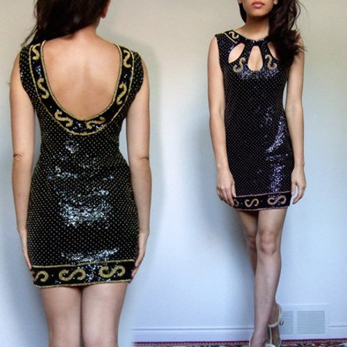 Vintage Black Gold Sequin Mini shops Dress, 90s Bodycon - Small to Medium S M