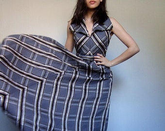 1970s Plaid Maxi Dress, Vintage Long Grey Floor Length Sundress - Small S