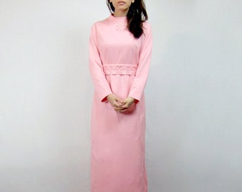 Long Sleeve Maxi Dress, Vintage 70s Pink Floor Length Dress - Large to Extra Large L XL