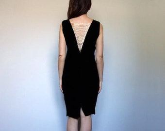 Velvet Wiggle Dress, 80s Black and Gold Beaded Dress - M