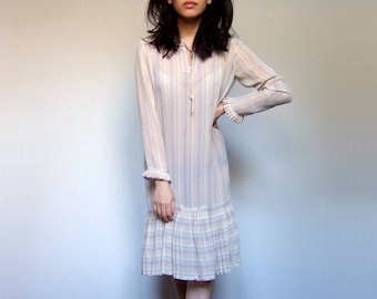 70s Sheer Striped Dress, Long Sleeve Accordion Pleat Beach Cover Up - Small Medium S M
