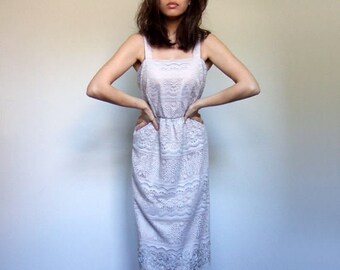 70s Lace Dress, Dove Grey Vintage 1970s Wedding Reception Dress - Medium to Large M L