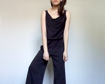 70s Jumpsuit, Womens Vintage Black Pantsuit, One Piece Wide Leg Jumpsuit - Extra Small to Small XS S