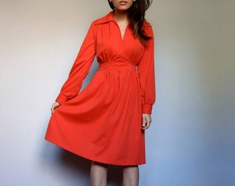 Vintage Red Dress, Womens Long Sleeve 70s Mod Dress - Large L