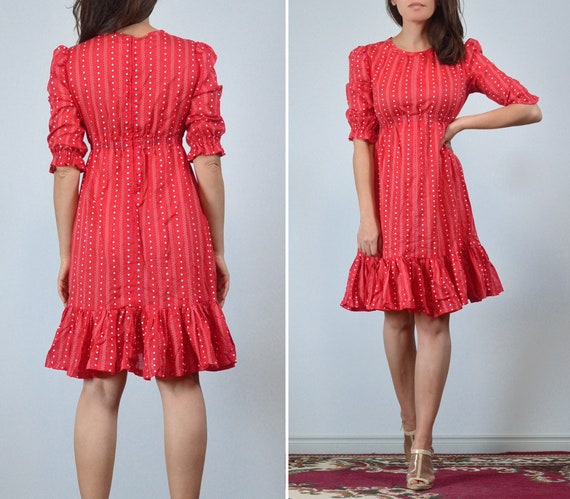 Vintage 70s Red Heart Print Dress, XS to S - image 4