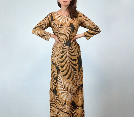 slim fit dress slacks Mac Duggal 5107 Embellished Gold Leaf Evening Gown main image 1