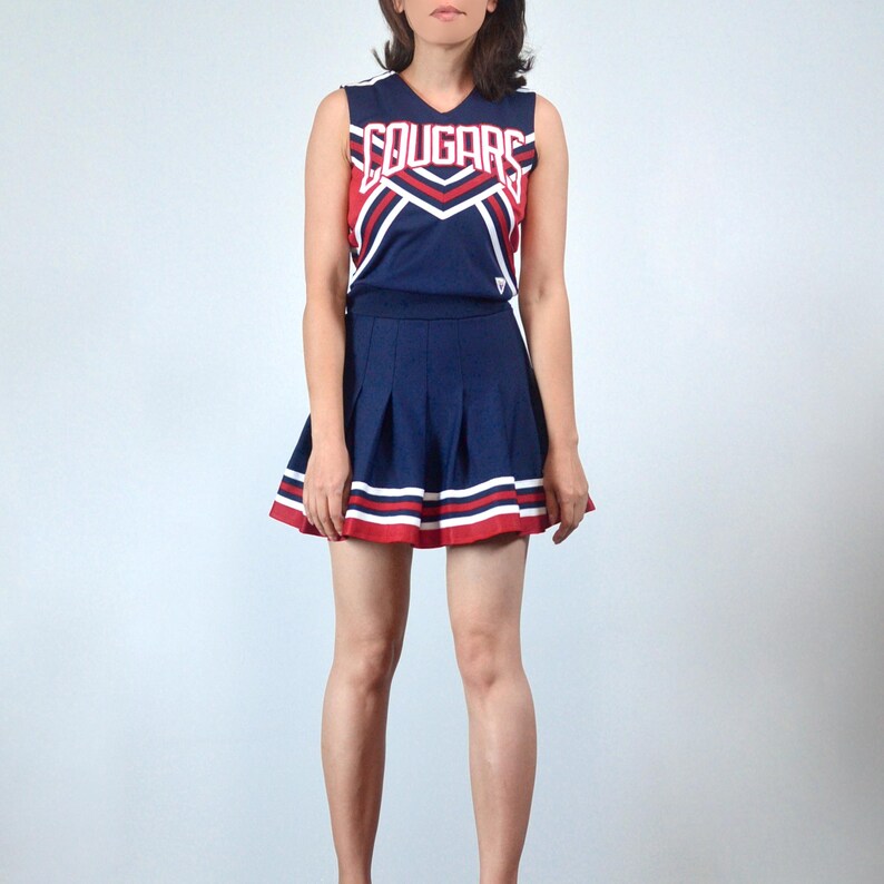 90s Blue & Red Cheerleader Mini Dress, XXS to XS Varsity Cougars