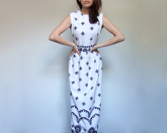White Maxi Dress, Vintage Long Boho Sundress Black