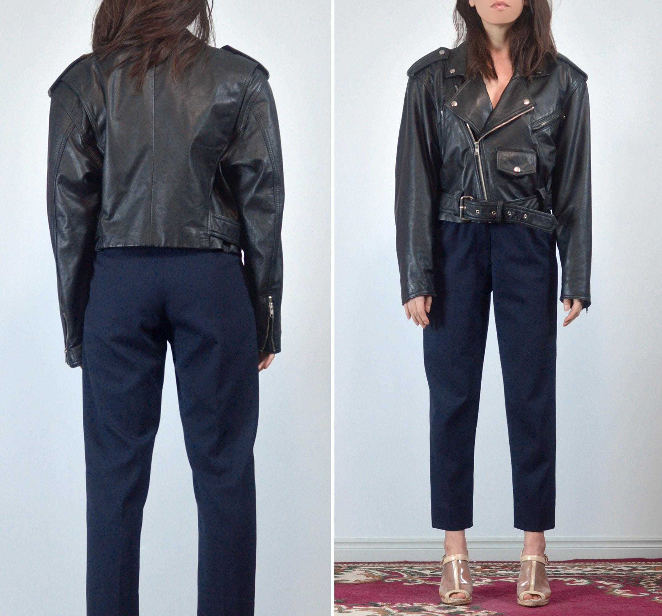 Vintage 80s Leather Moto Jacket, M to L | 90s Black Belted Biker