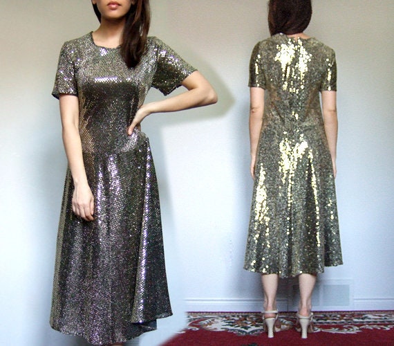 Gold Party Dress, Vintage Sequin Metallic Drop Wa… - image 4