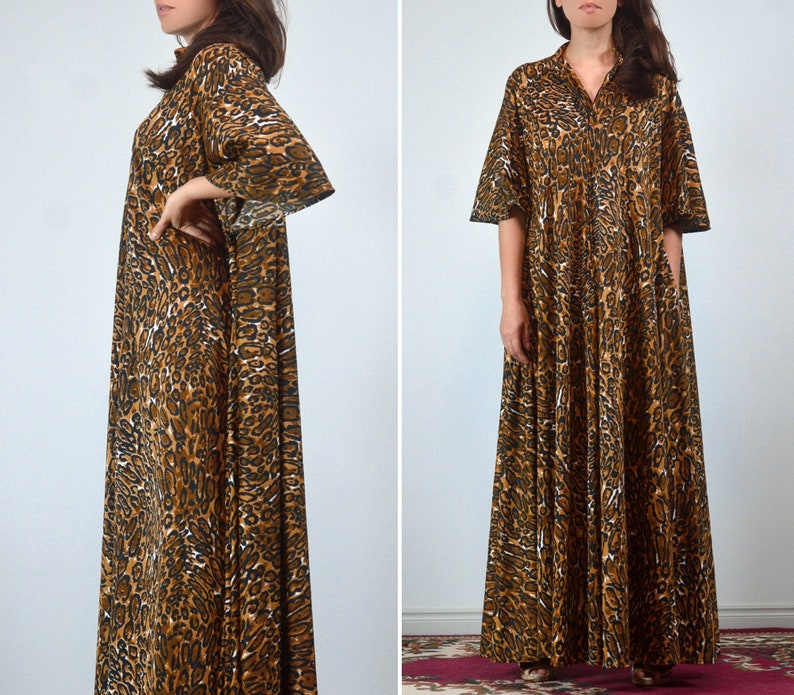 Vintage 70s Leopard Dress, Animal Print Trapeze Tent Dress with Pockets image 2