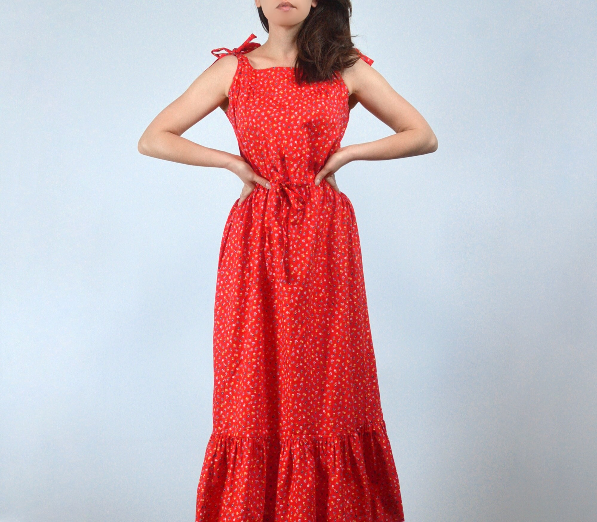 Vintage 80s red floral maxi dress, M | Ditsy print prairie sundress