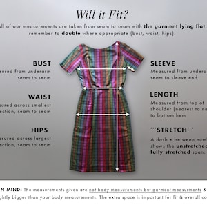 K&ouml;nnte beinhalten: Diagramm zur Messung eines Kleides f&uuml;r die Passform. Das Bild zeigt ein buntes kariertes Kleid mit beschrifteten Ma&szlig;en f&uuml;r Brust, Taille, H&uuml;fte, &Auml;rmel und L&auml;nge. Der Text erkl&auml;rt, wie man das Kleidungsst&uuml;ck misst und die Bedeutung der Ma&szlig;e.