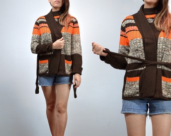Bold Stripe Sweater Cardigan Set, Vintage 70s Retro 2pc Pullover Jumper, 1970 Brown Orange - Medium M