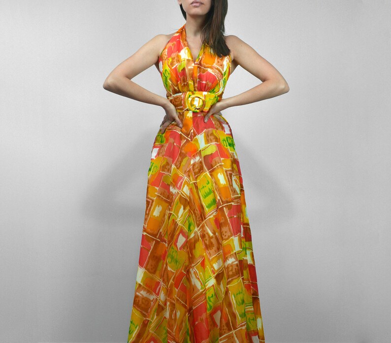 70s Halter Dress, XS, Long Orange & Yellow Colorful Boho Maxi Dress - Etsy