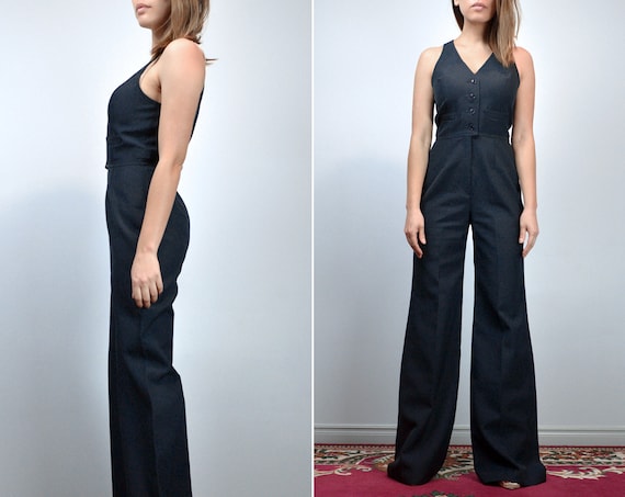 70s Black Jumpsuit, Womens Vintage V Neck Button … - image 2