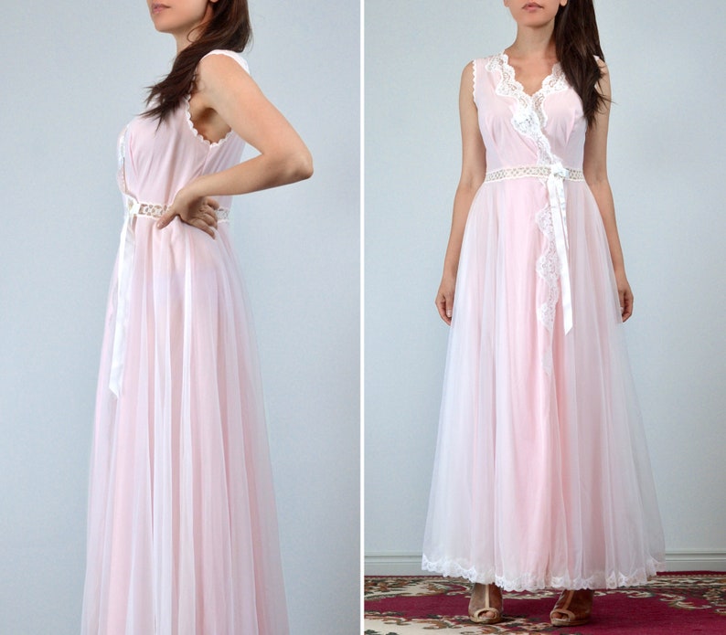 Vintage 70s Nightgown, M 1970s Lace Lingerie Dress, Long Pink Night Gown, Medium image 3