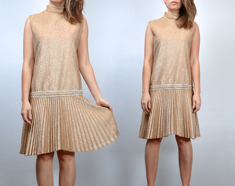 L 1970s Gold Metallic Drop Waist Dress