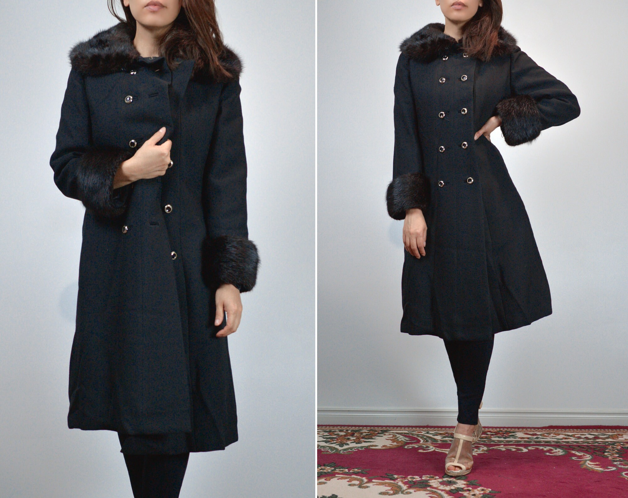 ジャケット・アウター Vintage Double Breasted Wool Long Coat Vintage 1970s Wool Coat, XS to S | Long Black Double