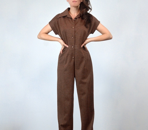 Vintage 70s Jumpsuit, M | Brown Dagger Collar Fall Winter One