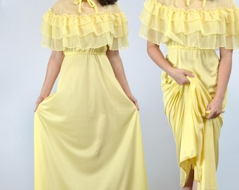 70s Yellow Maxi Dress with Sheer Ruffles, S