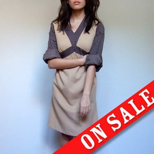 Vintage Retro Dress 70s Polka Dot Fashion Tan Brown M image 1