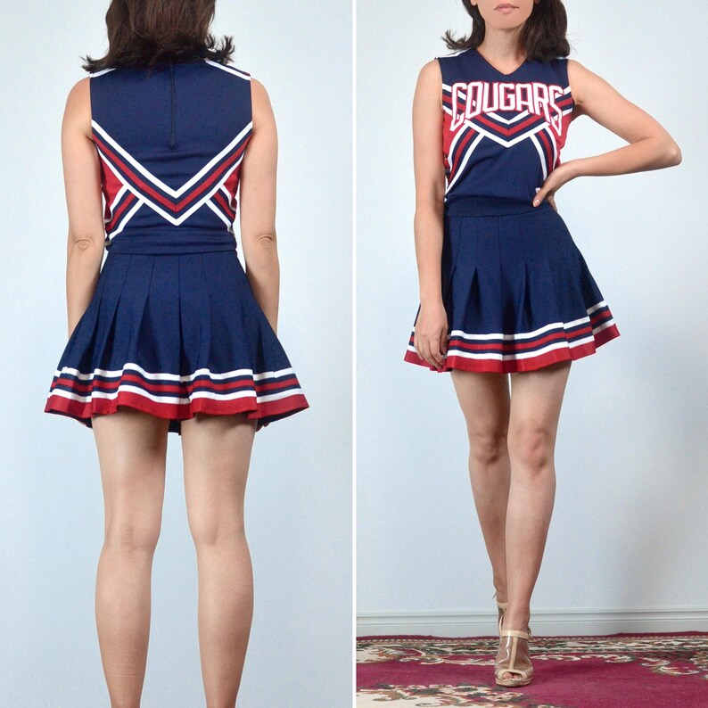 90s Blue & Red Cheerleader Mini Dress, XXS to XS Varsity Cougars